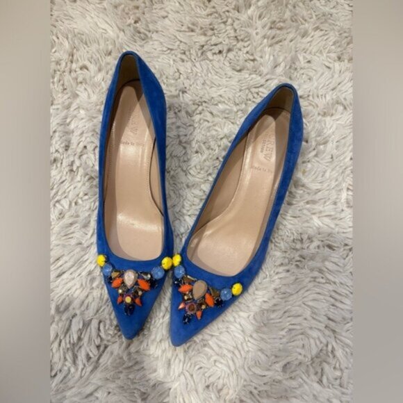 J Crew COLLECTION Dulci Suede Kitten Heels Women’s Size 8 Jeweled Blue Italy - Picture 1 of 16